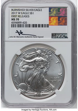 image for: 2017-W $1 One-Ounce Silver Eagle, First Releases, Burnished, MS70 NGC. Hand-signed, John M. Mercanti. NGC Census: (0). PCGS...