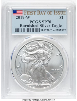 image for: 2019-W $1 Silver Eagle, First Day of Issue, Burnished, SP70 PCGS....
