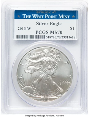 image for: 2013-W $1 Silver Eagle, Struck at The West Point Mint, MS70 PCGS....