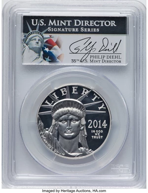 image for: 2014-W $100 One-Ounce American Platinum Eagle PR70 Deep Cameo PCGS. Hand-signed, Philip Diehl....