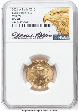 image for: 2021-W $10 Quarter Ounce Gold Eagle, Type Two, Unfinished Proof Dies, With W MS70 NGC. Jennie Norris, Authentic Hand-Signed...