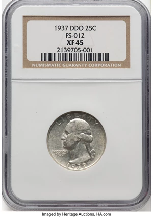 image for: 1937 25C Doubled Die Obverse, FS-101, XF45 NGC. Formerly FS-012. NGC Census: (5/14). PCGS Population: (2/8). CDN: $400 Whsl...