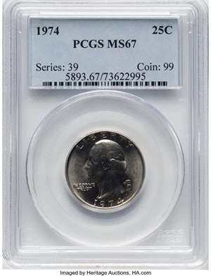 image for: 1974 25C MS67 PCGS. PCGS Population: (29/0). Mintage 801,456,000. ...