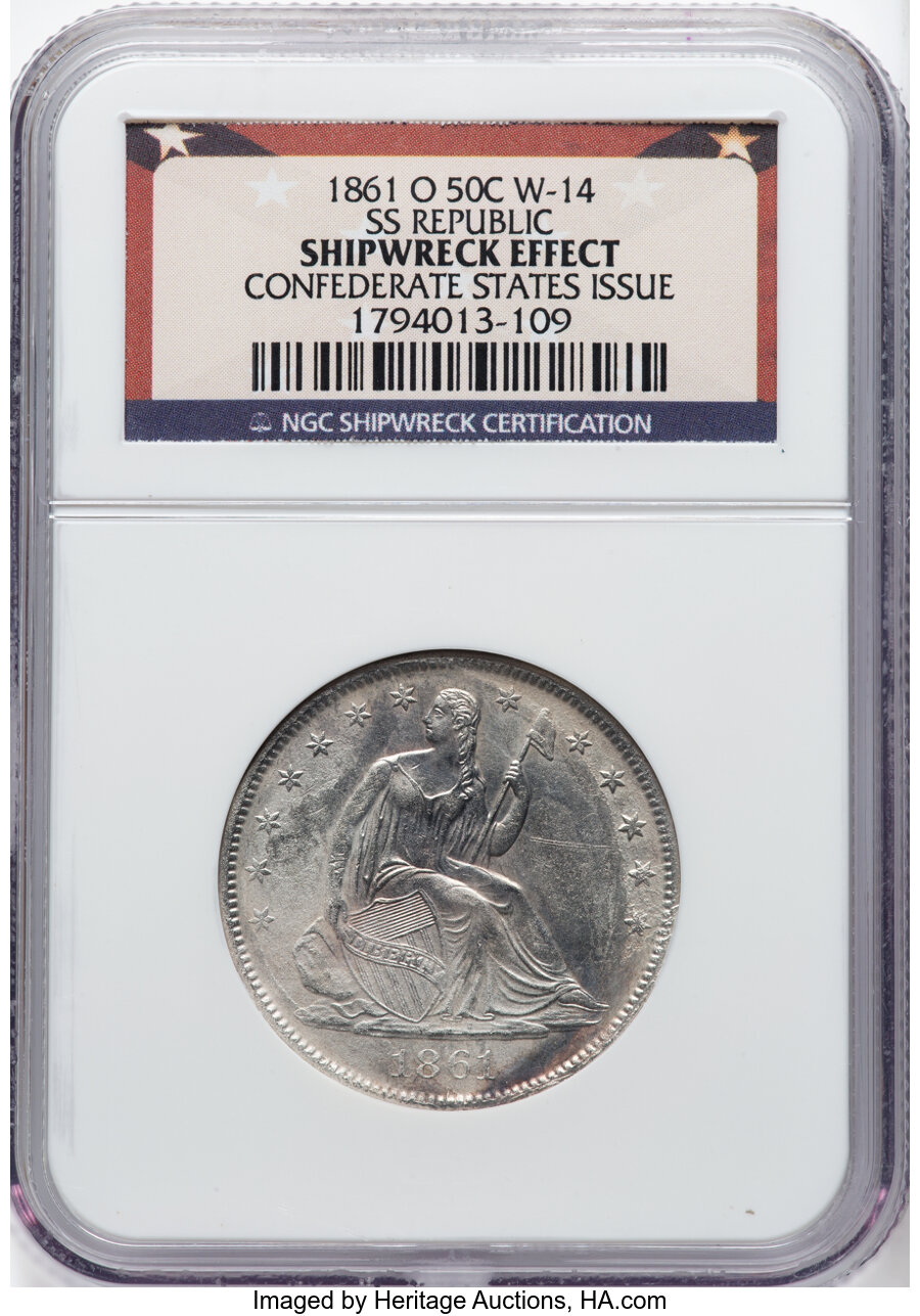 image for: 1861-O 50C Bisected Date, Speared Olive Bud, WB-103, WB-104, Die Pair 14, R.4 -- Shipwreck Effect -- NGC. Ex: S.S. Republ...