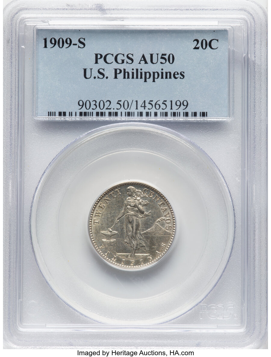 image for: 1909-S 20C Philippines 20 Centavos AU50 PCGS. PCGS Population: (2/31).  ...