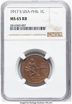 image for: 1917-S 1C Philippines Centavos MS65 Red and Brown NGC. NGC Census: (0/0)....