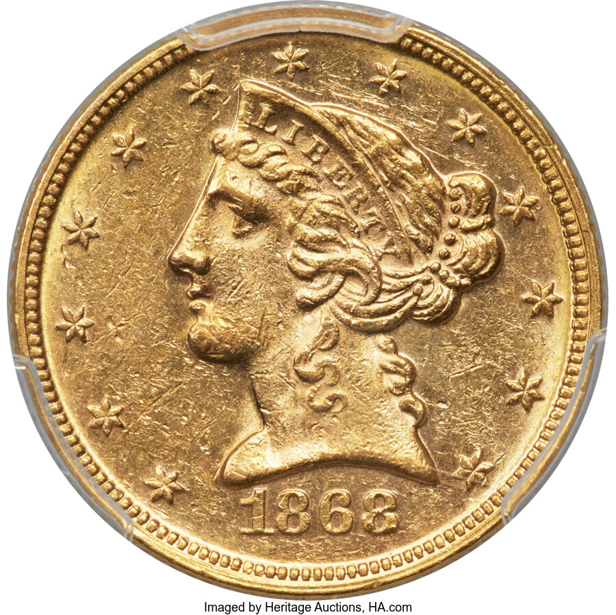 image for: 1868 $5 AU58 PCGS....
