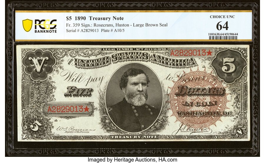 image for: Fr. 359 $5 1890 Treasury Note PCGS Banknote Choice Unc 64....