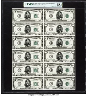 image for: Fr. 1950-C $5 1928 Federal Reserve Notes. Uncut Sheet of 12. PMG Choice About Unc 58 EPQ....