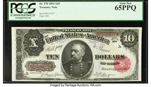 image for: Fr. 370 $10 1891 Treasury Note PCGS Gem New 65PPQ....