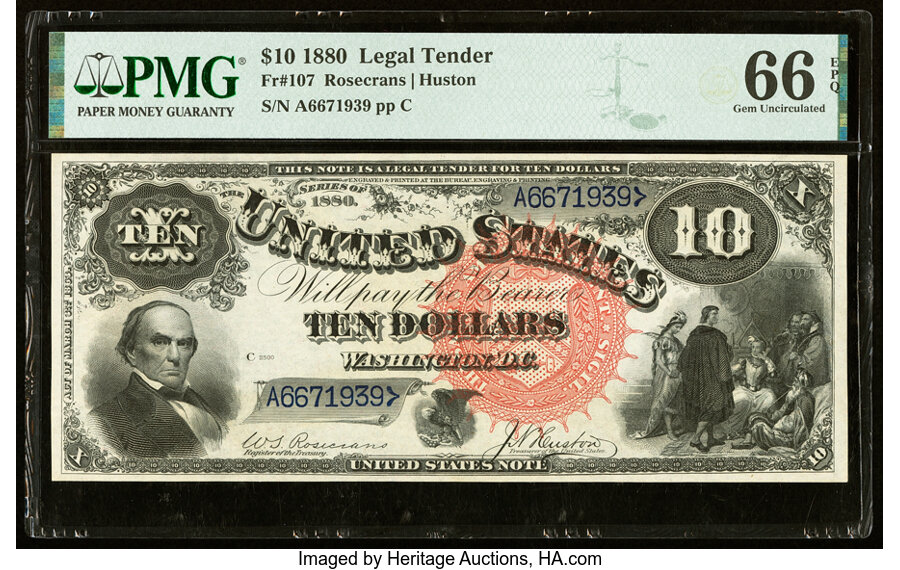 image for: Fr. 107 $10 1880 Legal Tender PMG Gem Uncirculated 66 EPQ....