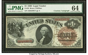 image for: James Gilfillan Courtesy Autographed Fr. 29 $1 1880 Legal Tender PMG Choice Uncirculated 64....