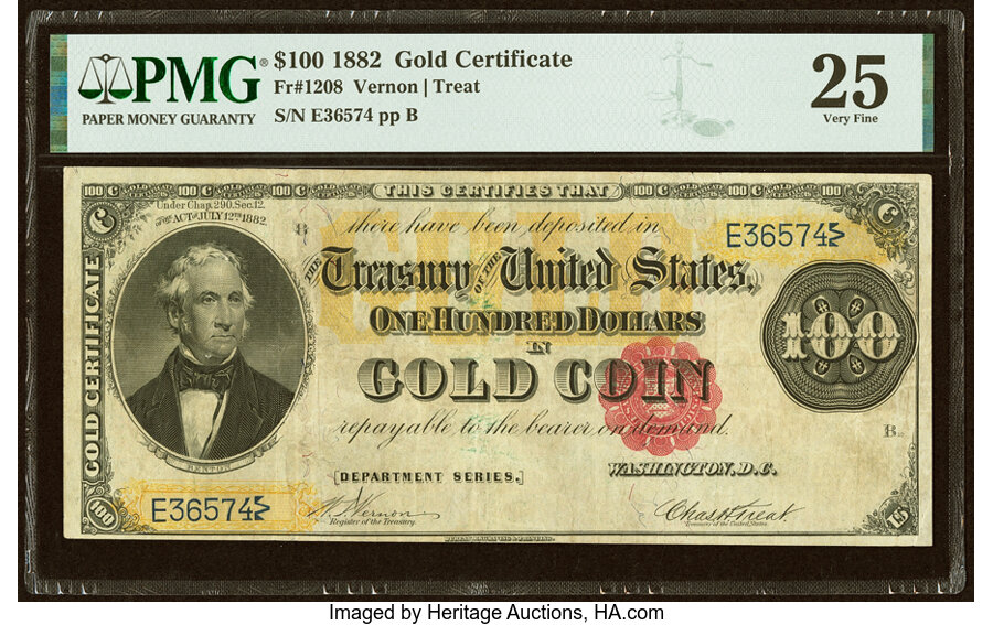 image for: Fr. 1208 $100 1882 Gold Certificate PMG Very Fine 25....
