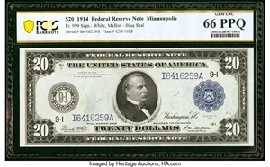 image for: Fr. 999 $20 1914 Federal Reserve Note PCGS Banknote Gem Unc 66 PPQ....
