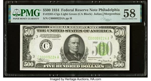 image for: Fr. 2201-C $500 1934 Light Green Seal Federal Reserve Note. PMG Choice About Unc 58....