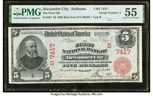 image for: Low Serial Number 4 Alexander City, AL - $5 1902 Red Seal Fr. 587 The First National Bank Ch. # (S)7417 PMG About Uncirculated...