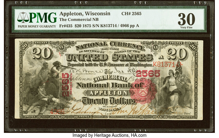 image for: Appleton, WI - $20 1875 Fr. 435 The Commercial National Bank Ch. # 2565 PMG Very Fine 30....