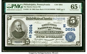 image for: Philadelphia, PA - $5 1902 Date Back Fr. 592 The Market Street National Bank Ch. # (E)3684 PMG Gem Uncirculated 65 EPQ....