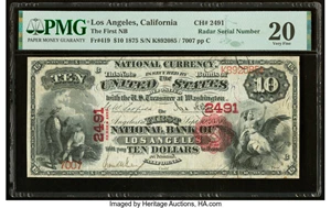 image for: Los Angeles, CA - $10 1875 Fr. 419 The First National Bank Ch. # 2491 PMG Very Fine 20....