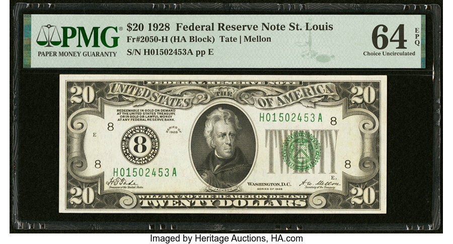 image for: Fr. 2050-H $20 1928 Federal Reserve Note. PMG Choice Uncirculated 64 EPQ....