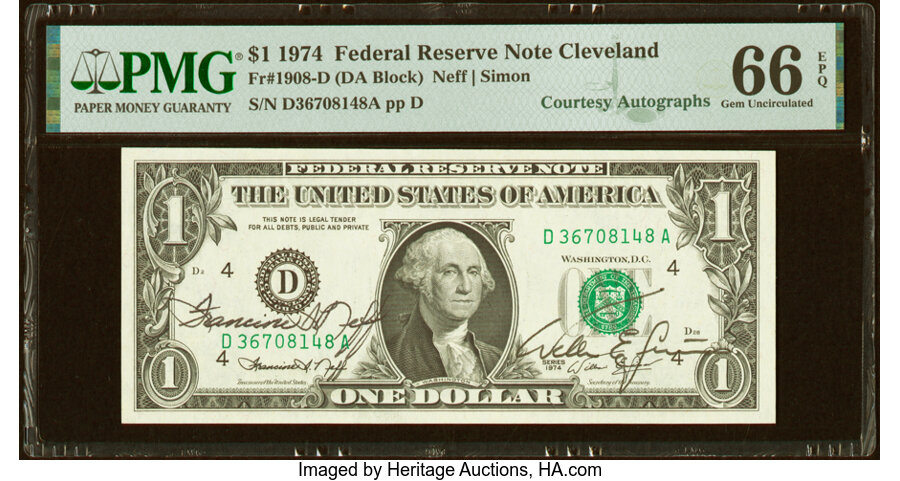 image for: Francine I. Neff and William E. Simon Dual Courtesy Autographed Fr. 1908-D $1 1974 Federal Reserve Note. PMG Gem Uncirculated ...