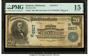 image for: Quinton, OK - $20 1902 Plain Back Fr. 652 The First National Bank Ch. # (W)6517 PMG Choice Fine 15....