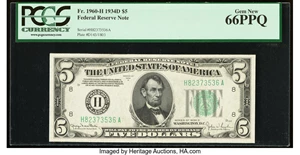 image for: Fr. 1960-H $5 1934D Federal Reserve Note. PCGS Gem New 66PPQ....