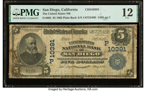 image for: San Diego, CA - $5 1902 Plain Back Fr. 604 The United States National Bank Ch. # (P)10391 PMG Fine 12....