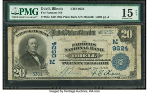 image for: Odell, IL - $20 1902 Plain Back Fr. 653 The Farmers National Bank Ch. # (M)9624 PMG Choice Fine 15 Net....