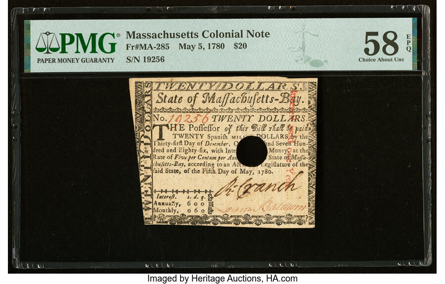 image for: Loammi Baldwin Signed Massachusetts May 5, 1780 $20 PMG Choice About Unc 58 EPQ....