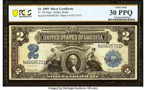 image for: Fr. 256 $2 1899 Silver Certificate PCGS Banknote Very Fine 30 PPQ....
