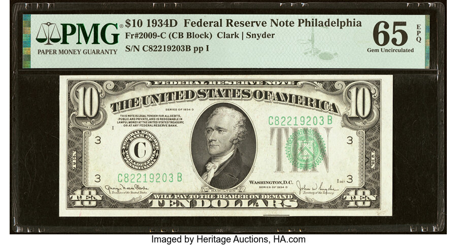 image for: Fr. 2009-C $10 1934D Federal Reserve Note. PMG Gem Uncirculated 65 EPQ....