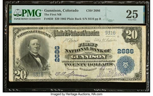 image for: Gunnison, CO - $20 1902 Plain Back Fr. 650 The First National Bank Ch. # 2686 PMG Very Fine 25....