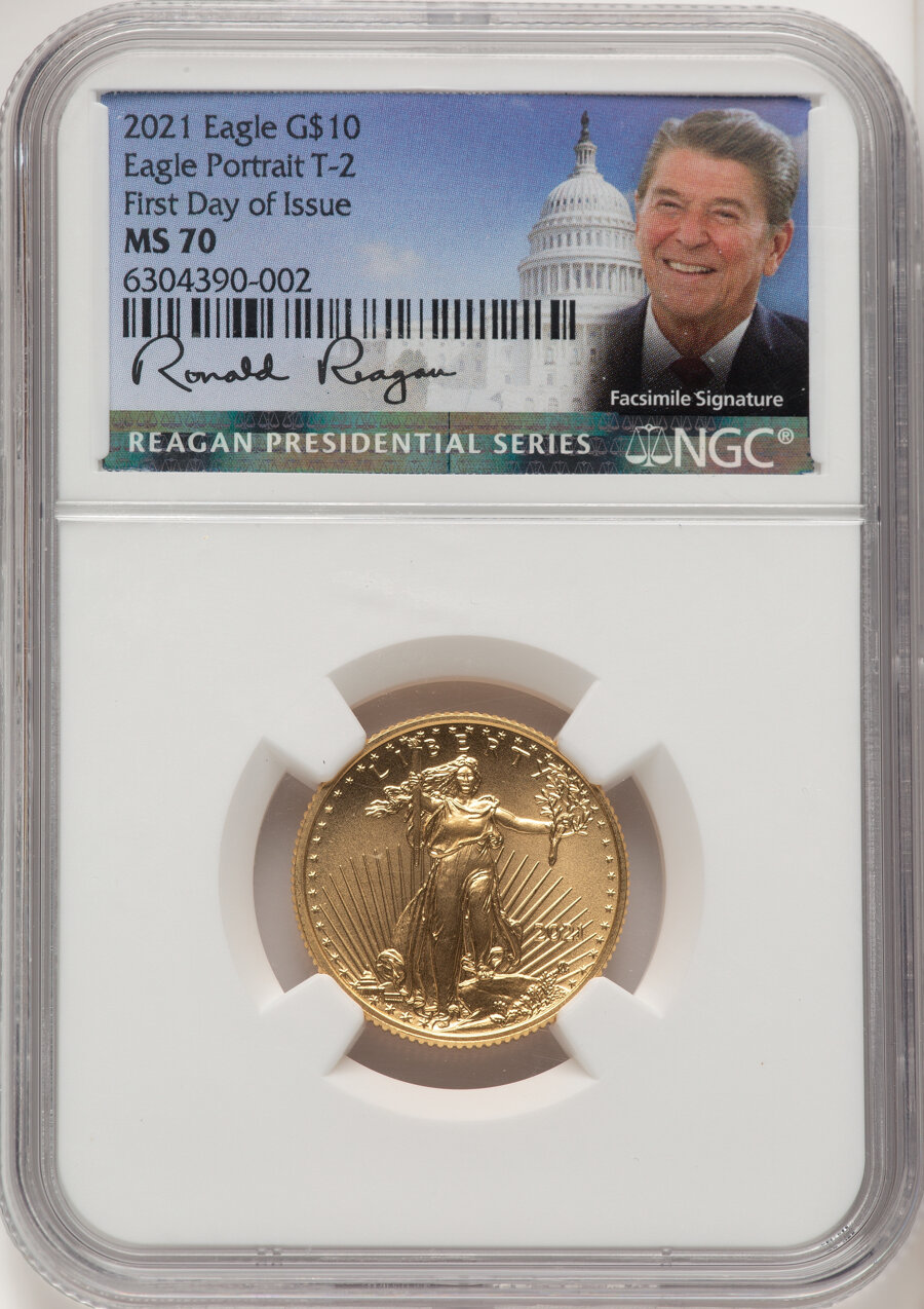 image for: 2021 $10 Quarter Ounce Gold Eagle, Type Two, First Day of Issue, MS70 NGC. Hand-signed, Anna Cabral. Ex: Reagan Presidentia...