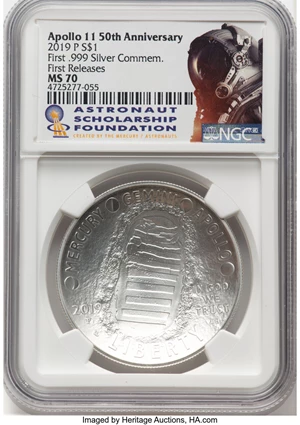 image for: 2019-P $1 Apollo 11 50th Anniversary, First Commemorative .999 Silver, First Releases, MS70 NGC. Ex: Astronaut Scholarship ...