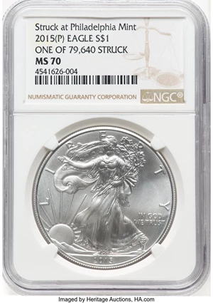 image for: 2015-(P) $1 Silver Eagle, Struck at Philadelphia Mint, MS70 NGC. 1 of 79,640 Struck....
