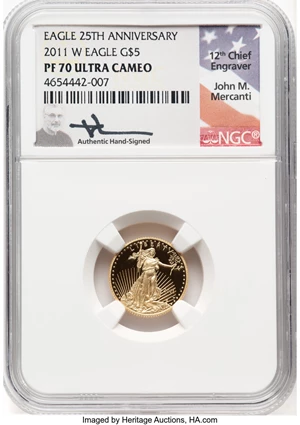 image for: 2011-W $5 Tenth-Ounce Gold Eagle, 25th Anniversary, PR70 Ultra Cameo NGC. Hand-signed, John M. Mercanti. NGC Census: (1533)...
