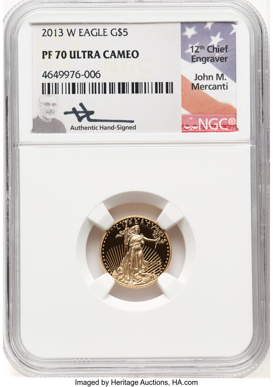 image for: 2013-W $5 Tenth-Ounce Gold American Eagle PR70 Ultra Cameo NGC. Hand-signed, John M. Mercanti. NGC Census: (933). PCGS Popu...