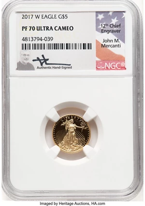 image for: 2017-W $5 Tenth-Ounce Gold Eagle PR70 Ultra Cameo NGC. Hand-signed, John M. Mercanti. NGC Census: (4574). PCGS Population: ...