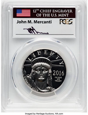 image for: 2016-W $100 One-Ounce Platinum Eagle, Statue of Liberty, First Day of Issue, PR70 Deep Cameo PCGS. Hand-signed, John M. Mer...