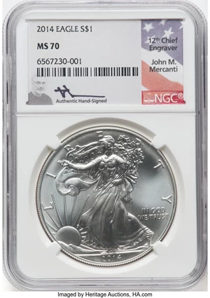 image for: 2014 $1 Silver Eagle MS70 NGC. Authentic Hand-Signed, John M. Mercanti. NGC Census: (25389). PCGS Population: (6024). CDN: ...