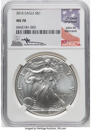 image for: 2016 $1 Silver Eagle, 30th Anniversary MS70 NGC. Authentic Hand-Signed, John M. Mercanti. NGC Census: (35092). PCGS Populat...