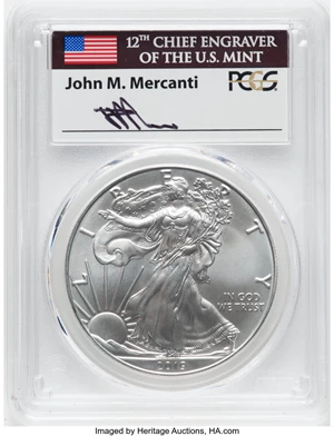 image for: 2019 $1 Silver Eagle, First Day of Issue, MS70 PCGS. Authentic Hand-Signed, John M. Mercanti. PCGS Population: (210). NGC C...
