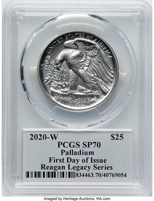 image for: 2020-W $25 Palladium Eagle, First Day of Issue, Michael Reagan Signature, SP70 PCGS. Ex: Reagan Legacy Series....