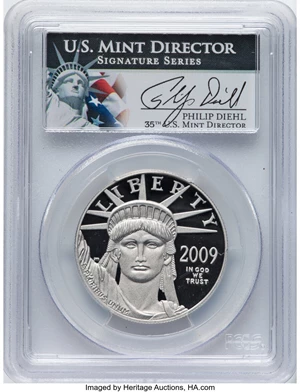 image for: 2009-W $100 One-Ounce Platinum Eagle, Statue of Liberty PR70 Deep Cameo PCGS. Hand-signed, Philip Diehl....