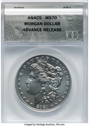 image for: 2021 $1 Morgan Dollar 100th Anniversary, Advanced Release, MS70 ANACS....