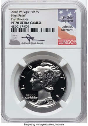 image for: 2018-W $25 Palladium Eagle, High Relief, First Releases, Mercanti Signature PR70 Ultra Cameo NGC....