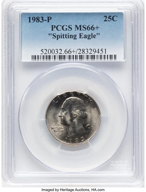 image for: 1983-P 25C Spitting Eagle MS66+ PCGS. PCGS Population: (49/0 and 2/0+). ...