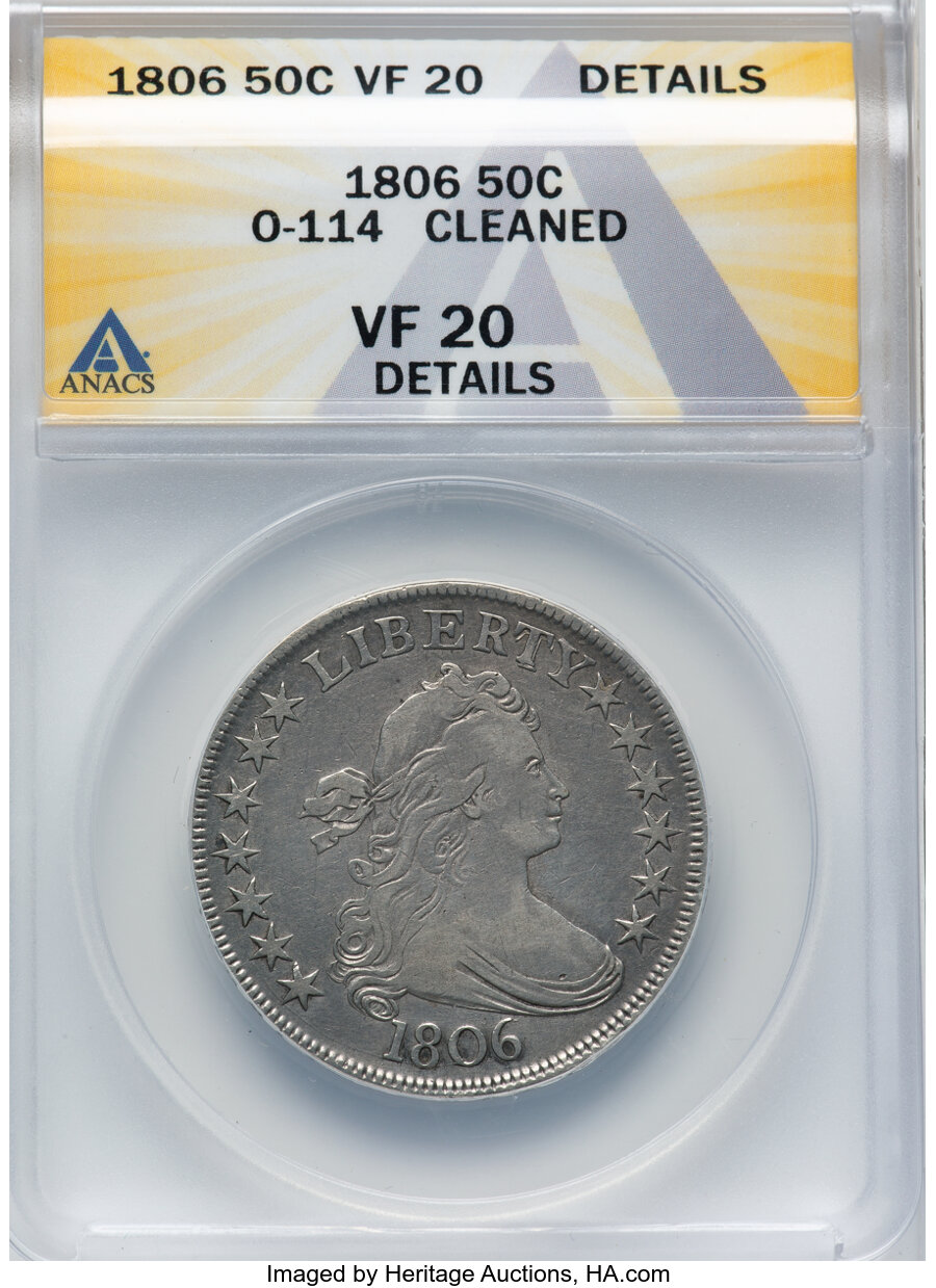 image for: 1806 50C Pointed 6, Stem, O-114, T-16, R.5, -- Cleaned -- ANACS Details. VF20.  ...