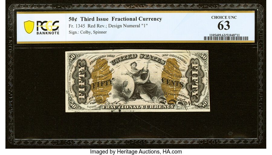 image for: Fr. 1345 50¢ Third Issue Justice PCGS Banknote Choice Unc 63....